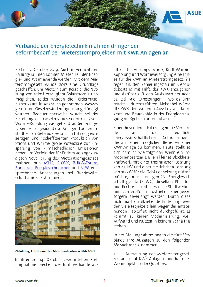 Pressemeldung zur Stellungnahme: Dringender Reformbedarf bei Mieterstromprojekten mit KWK-Anlagen