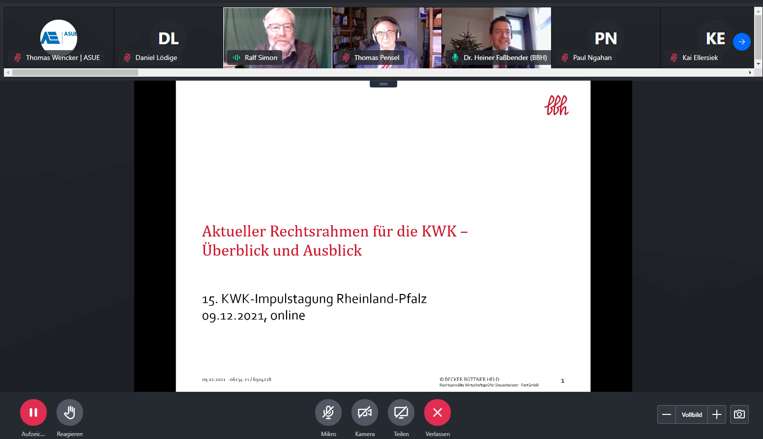 KWK-Impulstagung: Screenshot mit Thomas Pensel, Prof. Simon und Dr. Faßbender