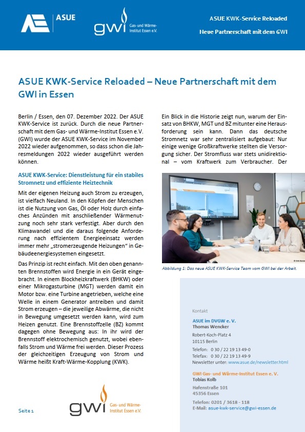 Neue Der ASUE KWK-Service wird am GWI neu gestartet
