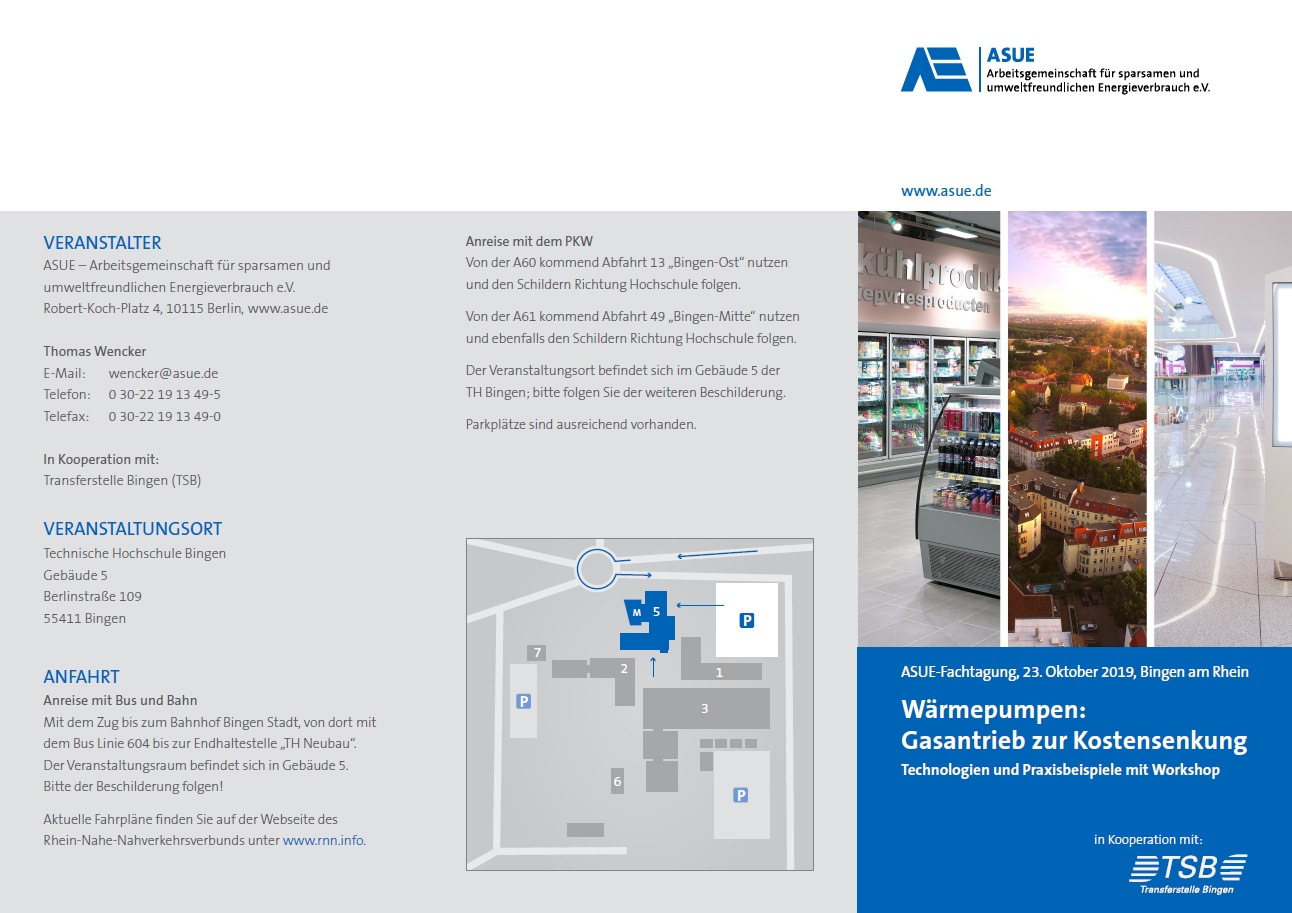 Flyer zur ASUE Fachtagung 2019 in Bingen: Wärmepumpen: Gasantrieb zur Kostensenkung